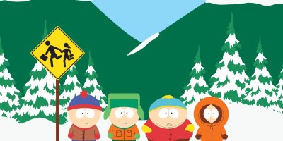 Stan, Kyle, Cartman, and Kenny stood by a bus stop in South Park