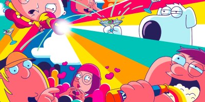 The Griffin family against a colourful background in Family Guy.