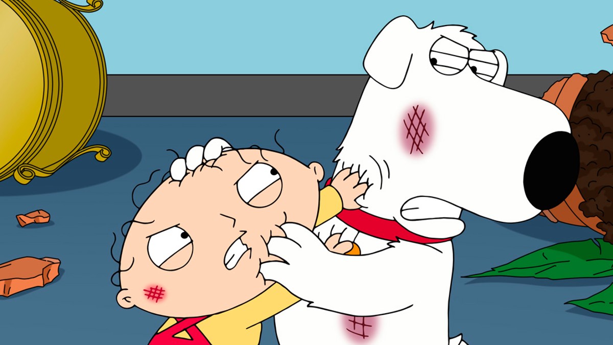 Stewie and Brian fighting in Family Guy.