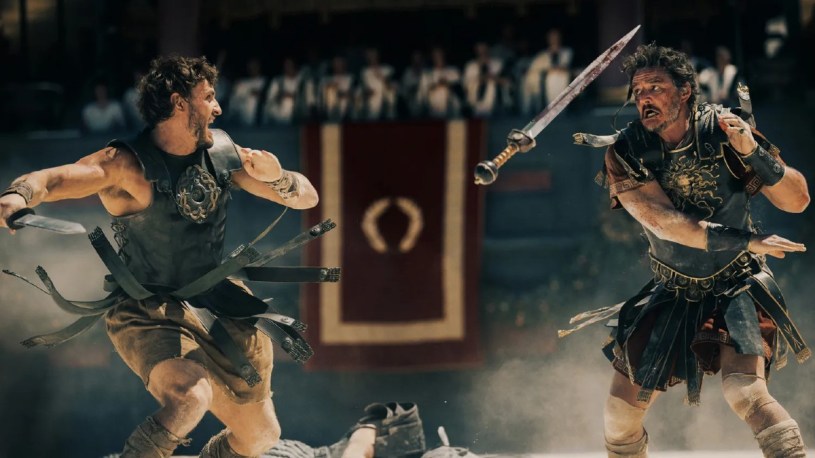 Two characters fighting in Gladiator 2.