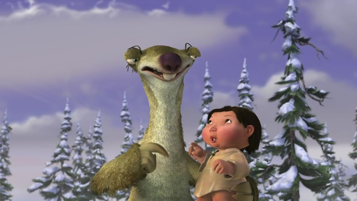 Sid holding a child in Ice Age.