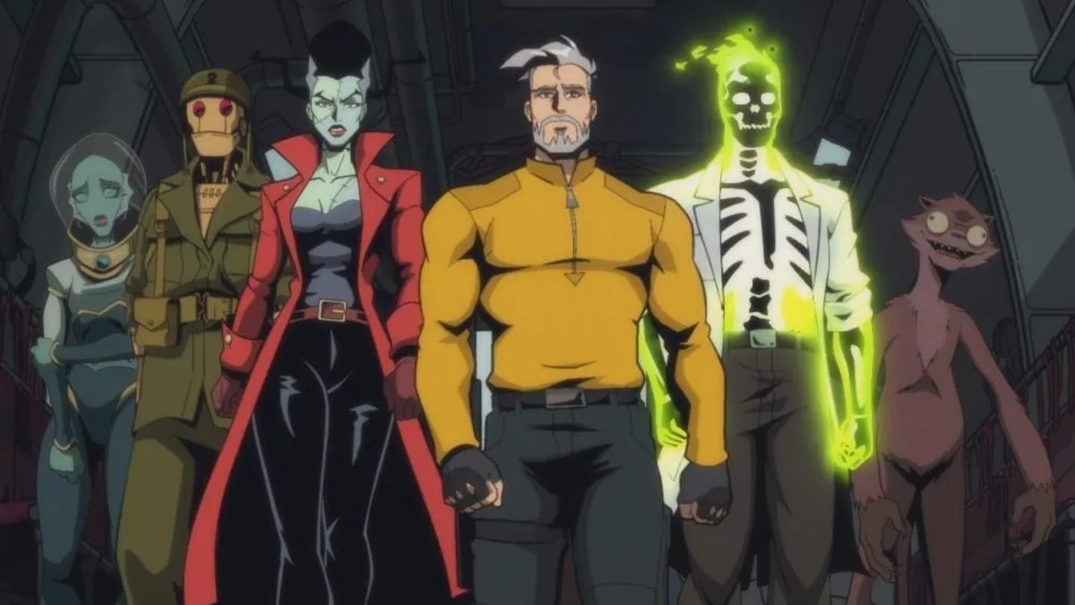 The Creature Commandos on a helicopter.