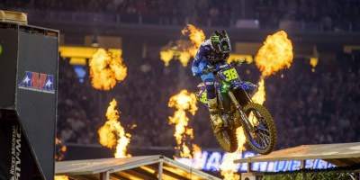 A motorbike stunt in Pay Dirt: The Story of Supercross.