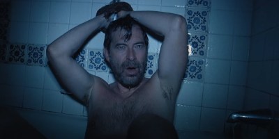 Mark Duplass' killer chained to a shower in The Creep Tapes.