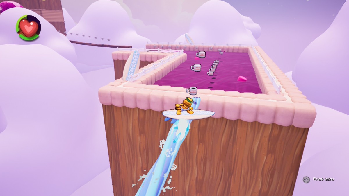 Garfield surfing across a cloudy world in Garfield: Escape from Monday.